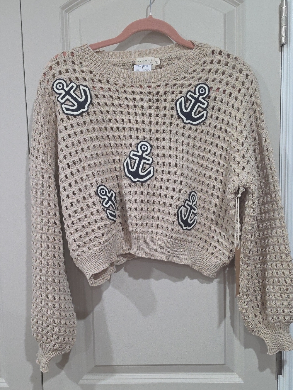 Dreamers By Debut Crochet-Knit Beige Crewneck Sweater with Anchors NWT L